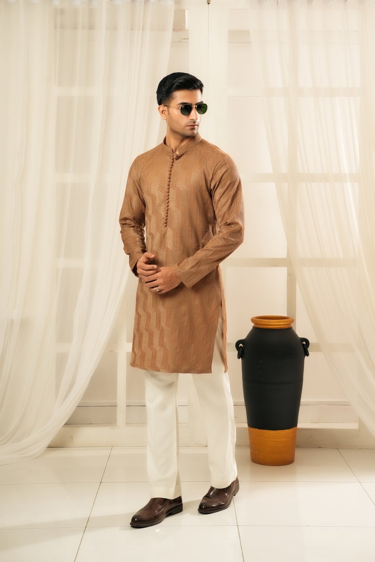 Coffee Embroidered Kurta Trouser