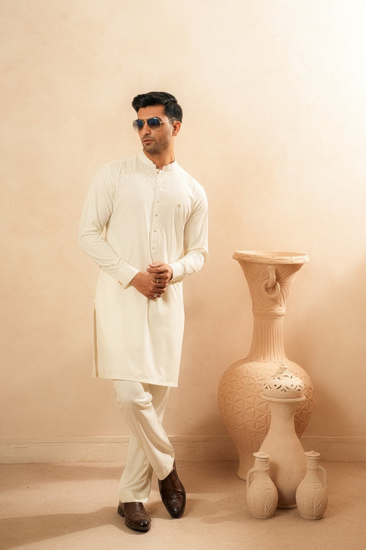 Cream White Mandarin Kurta Trouser