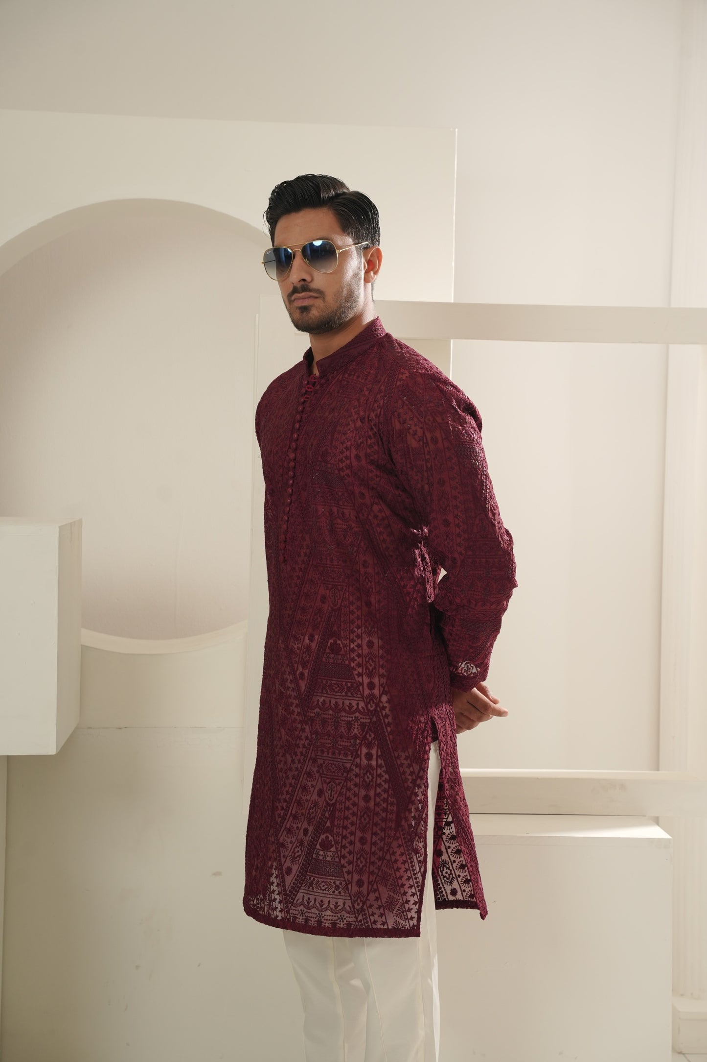 Red Pattern Embroidered Kurta Trouser