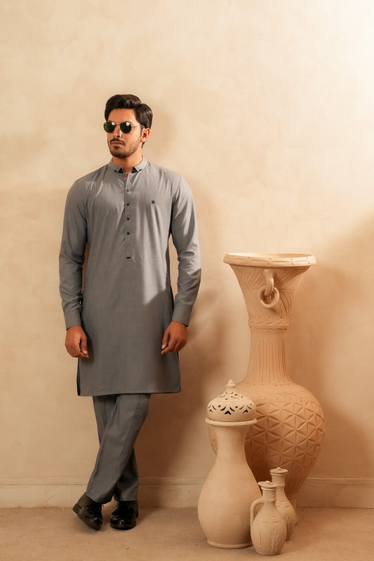 Grey Fold Collar Kurta Trouser