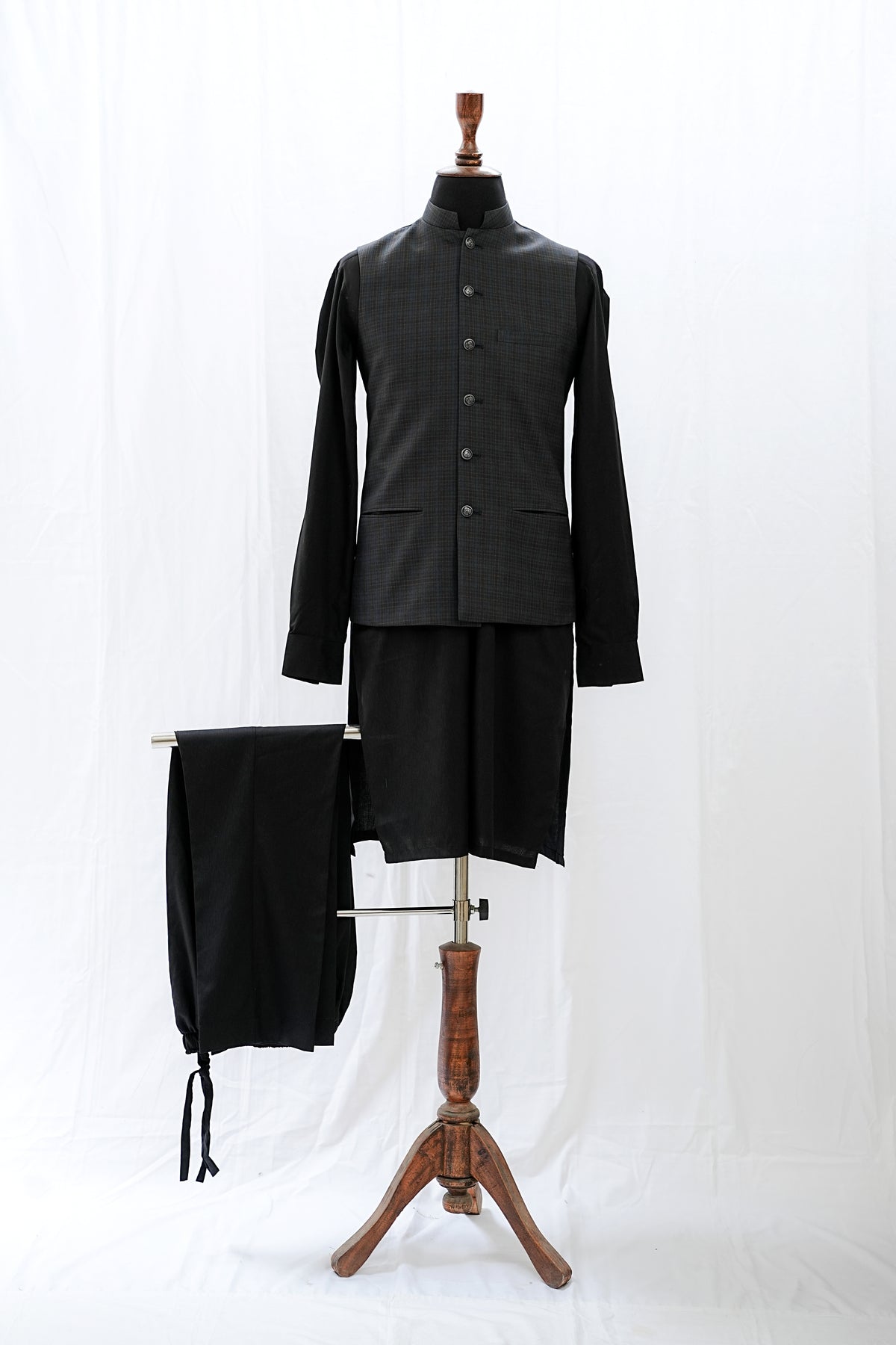 Grey Self Checkered Waist Coat