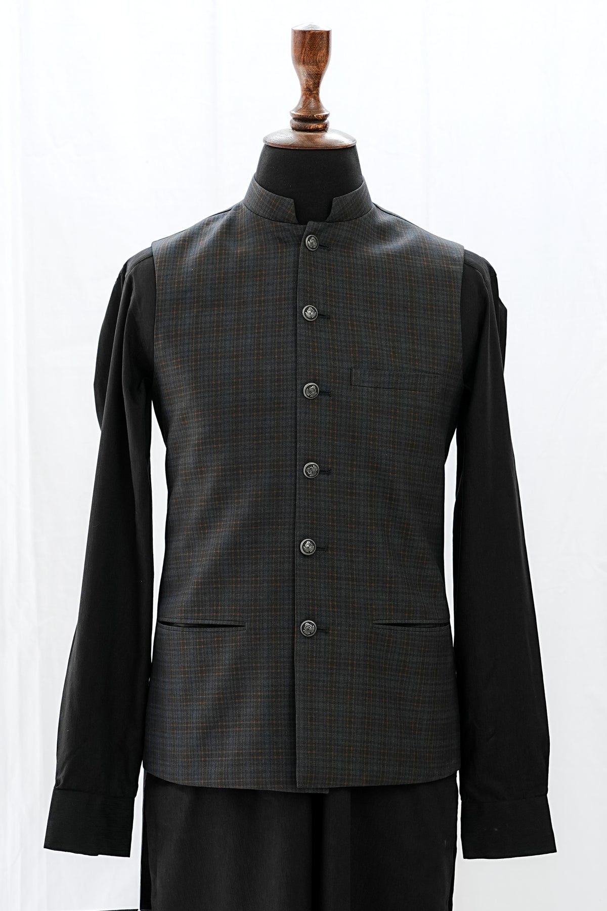 Grey Self Checkered Waist Coat