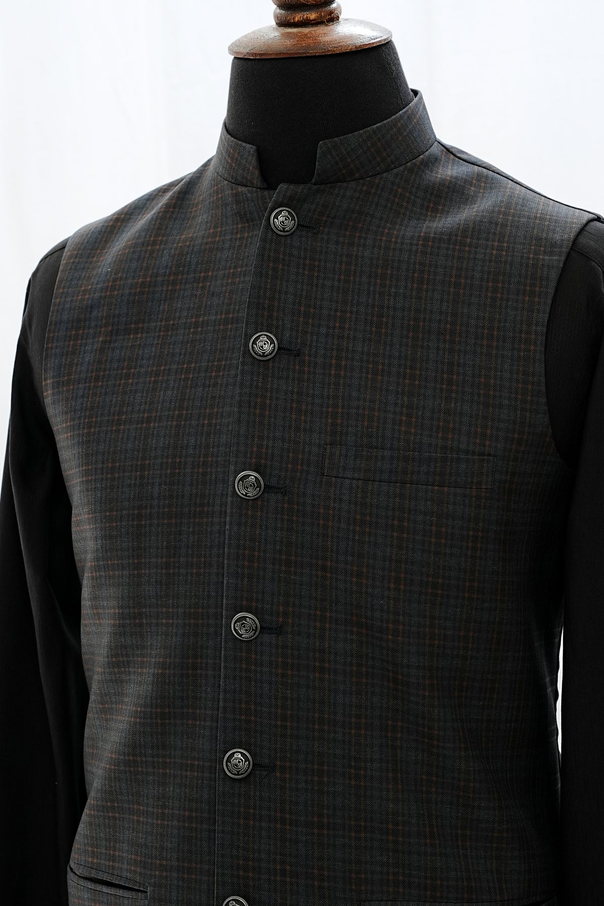 Grey Self Checkered Waist Coat