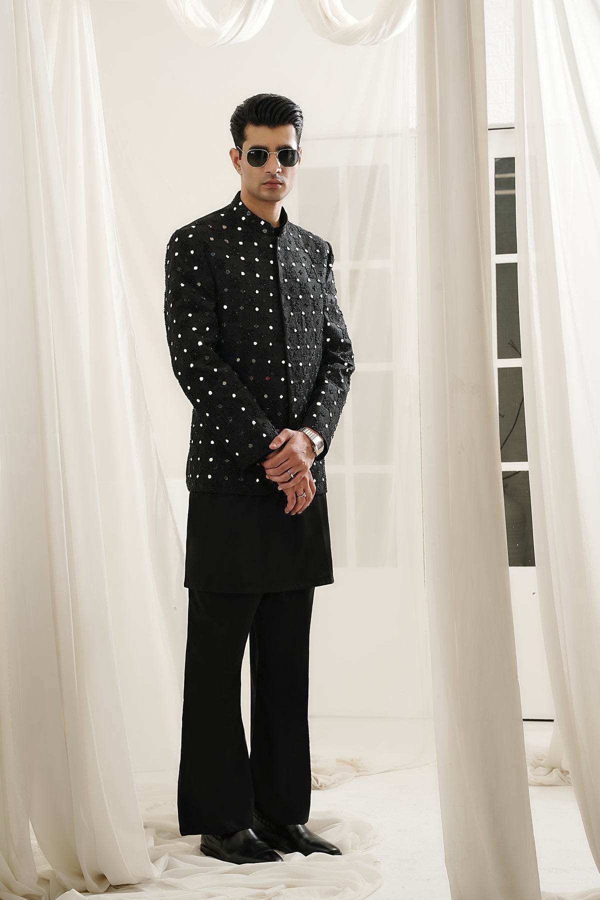 BLACK MIRROR WORK HAND EMBROIDERED PRINCE COAT