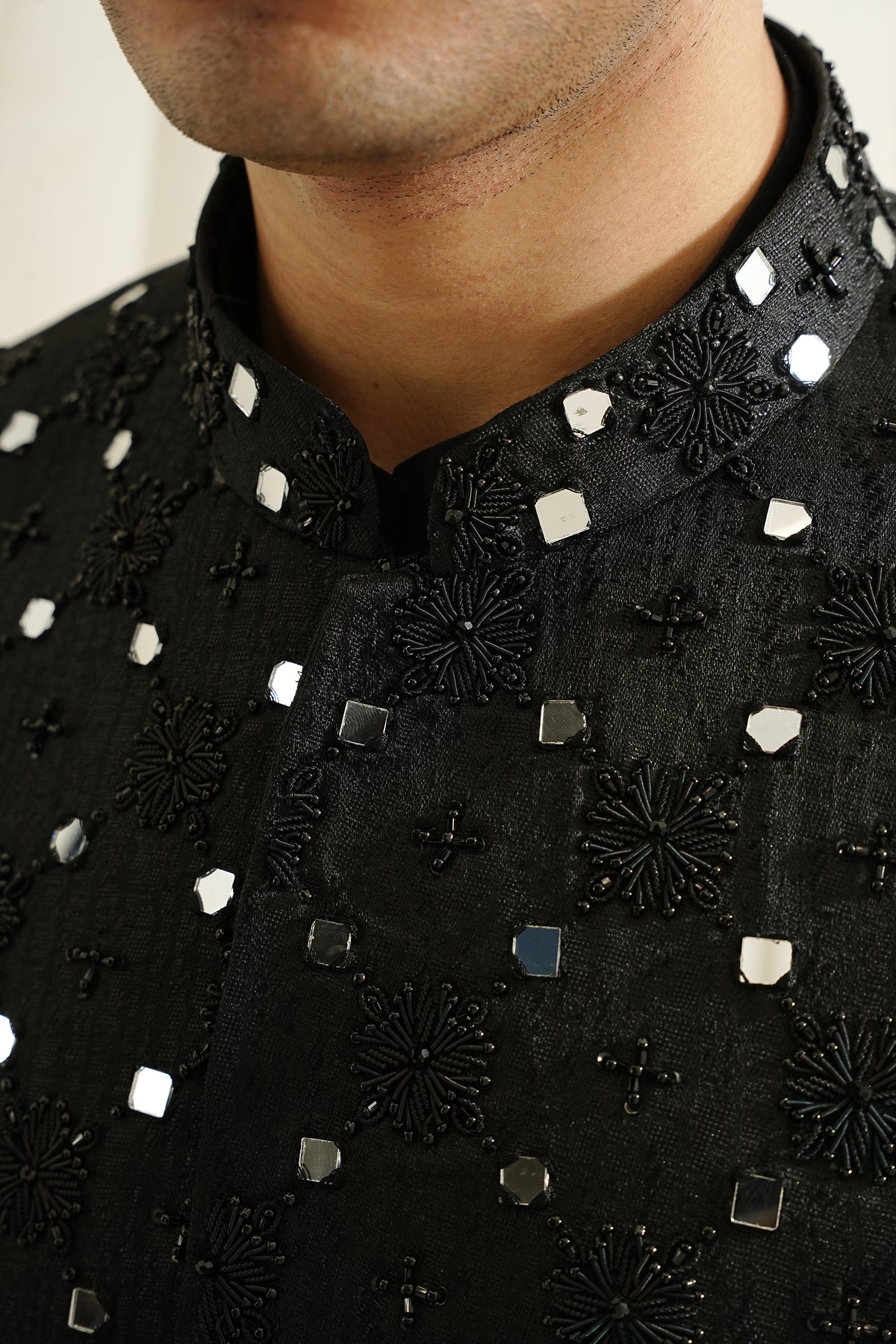 BLACK MIRROR WORK HAND EMBROIDERED PRINCE COAT