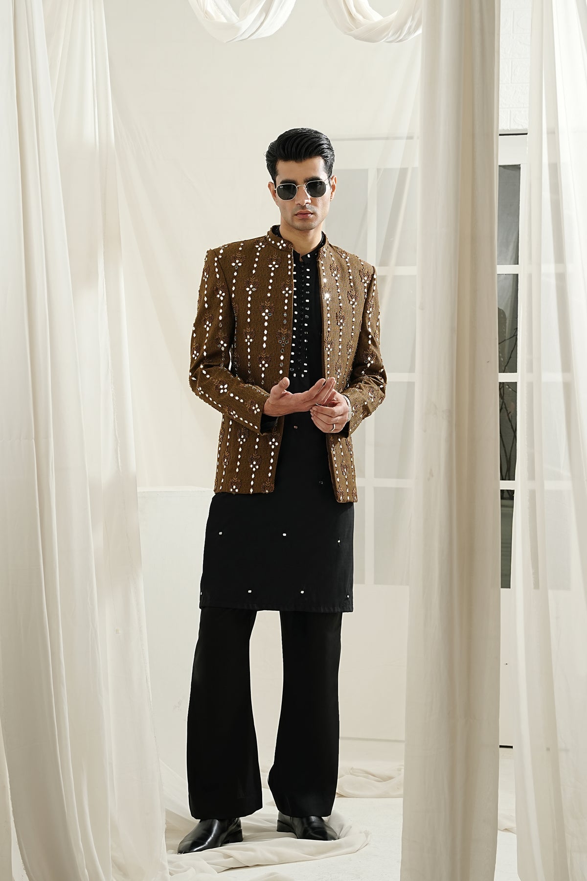 COPPER MIRROR WORK HAND EMBROIDERED PRINCE COAT
