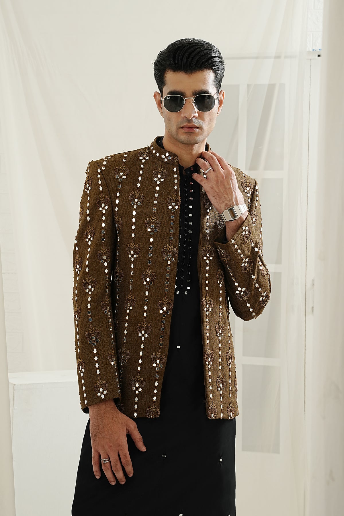 COPPER MIRROR WORK HAND EMBROIDERED PRINCE COAT