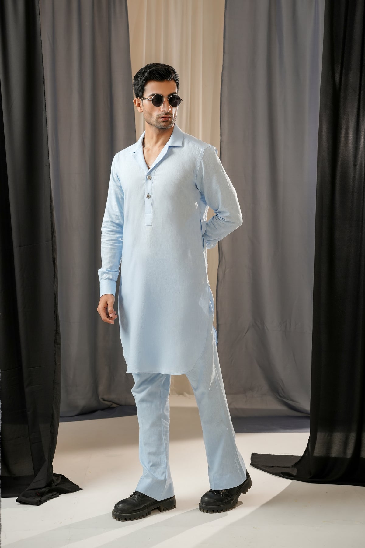 SKY BLUE LINEN CUBAN KURTA TROUSER