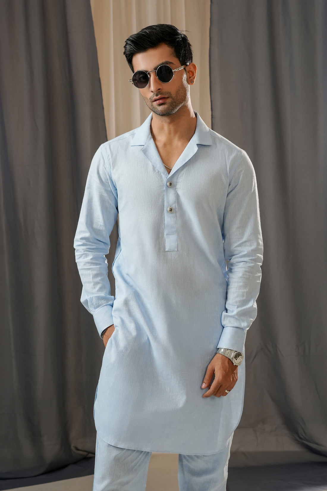 SKY BLUE LINEN CUBAN KURTA TROUSER