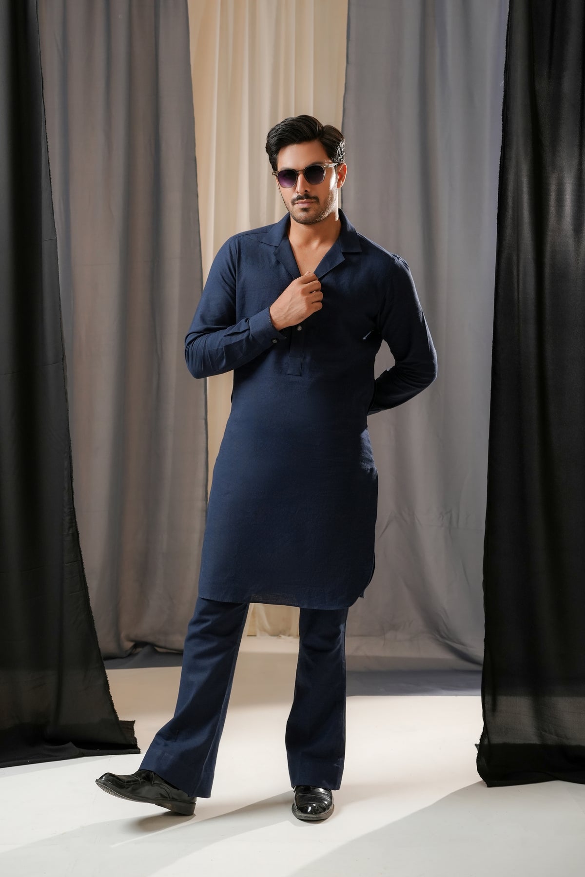 DARK BLUE LINEN CUBAN KURTA TROUSER