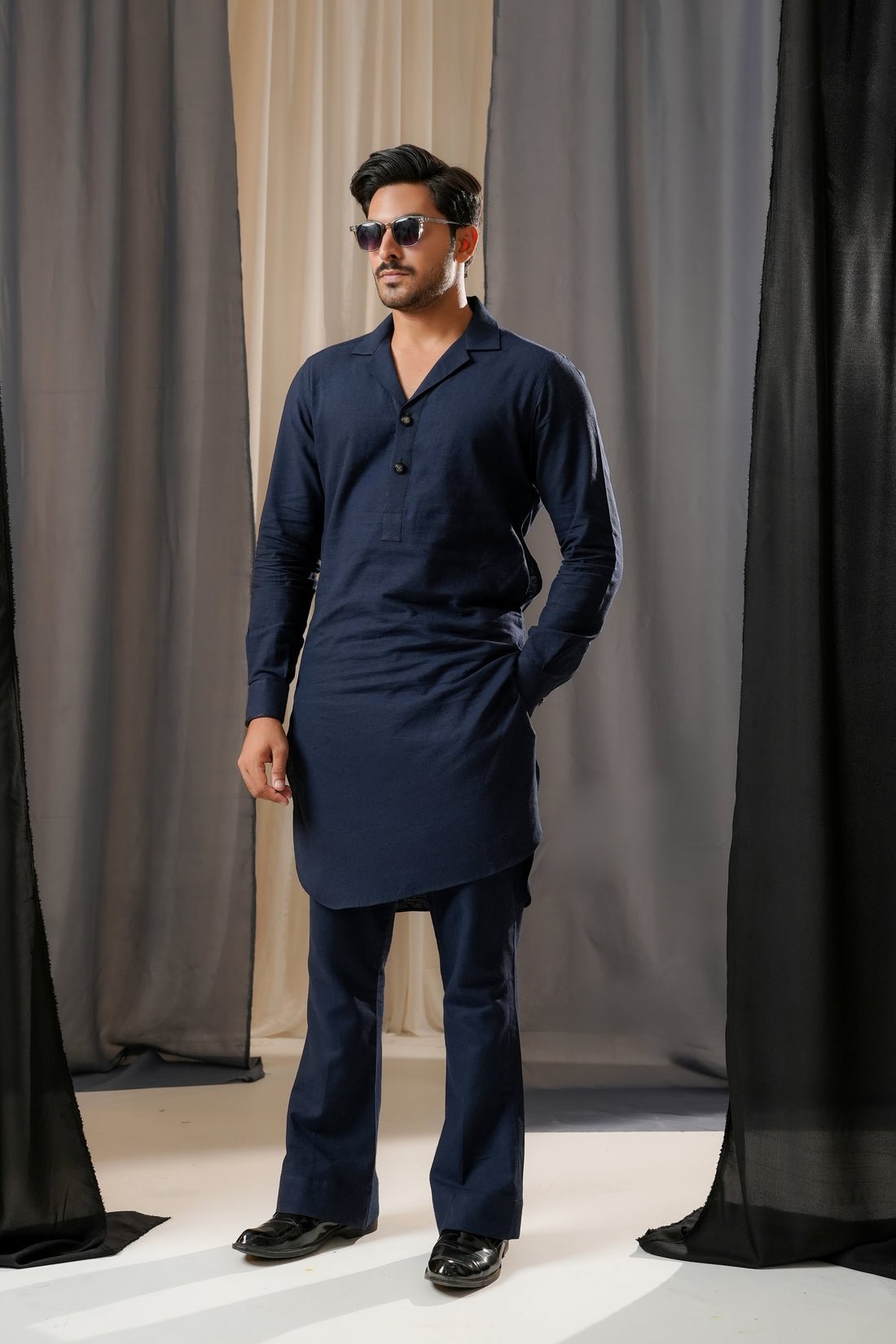 DARK BLUE LINEN CUBAN KURTA TROUSER