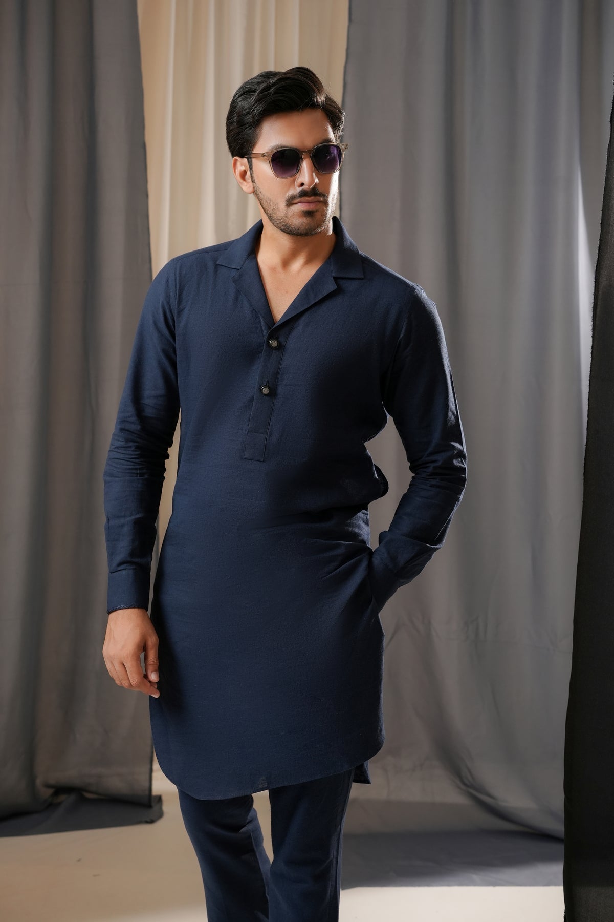 DARK BLUE LINEN CUBAN KURTA TROUSER