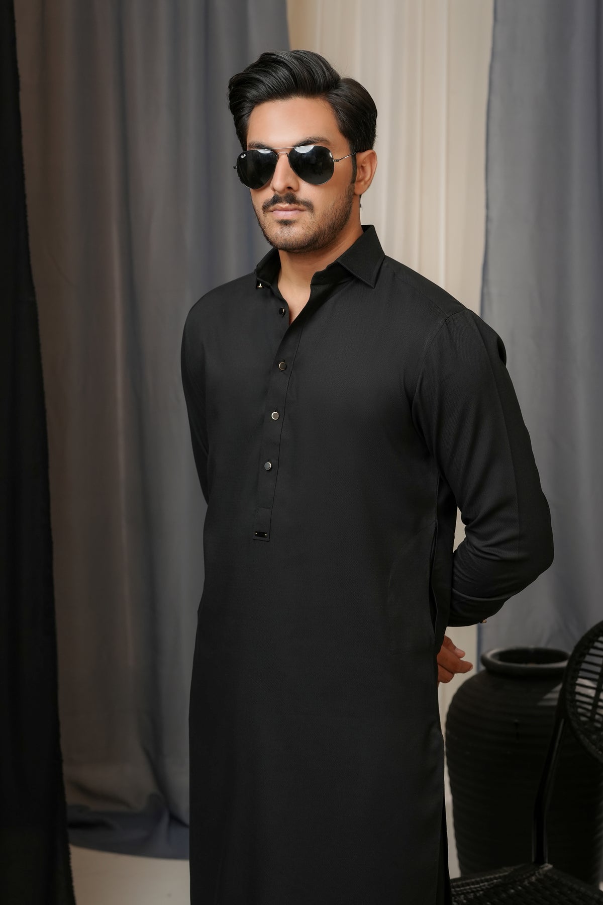 BLACK TEXTURED SHALWAR KAMEEZ