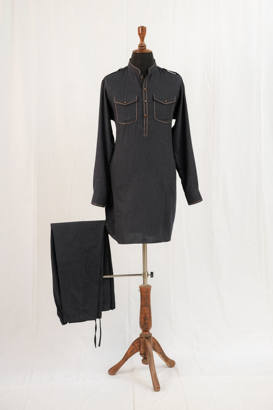 Double Pocket Grey Kurta Trouser