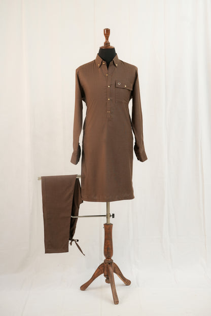 Textured Brown Front Pocket Kurta Trouser