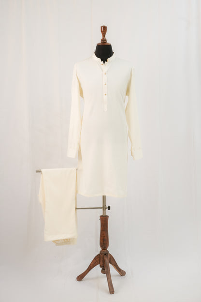 Cream Band Collar Kurta Trouser