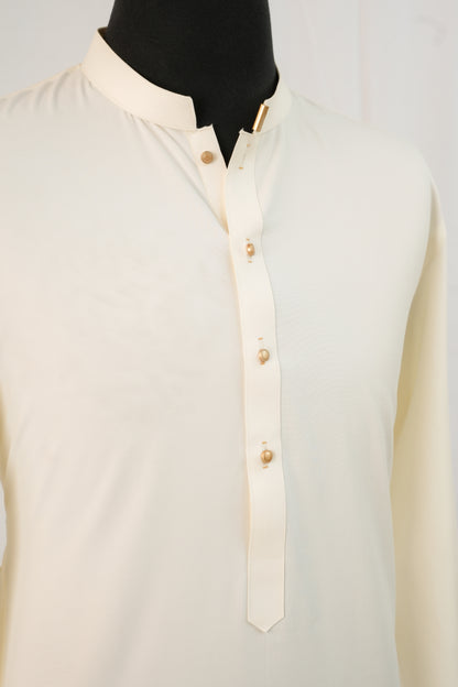 Cream Band Collar Kurta Trouser