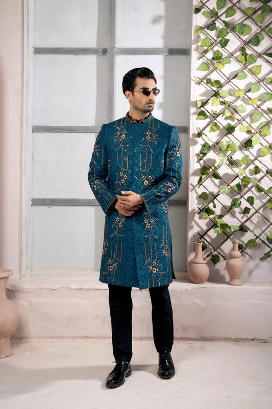 Teal Blue Hand Work Sherwani