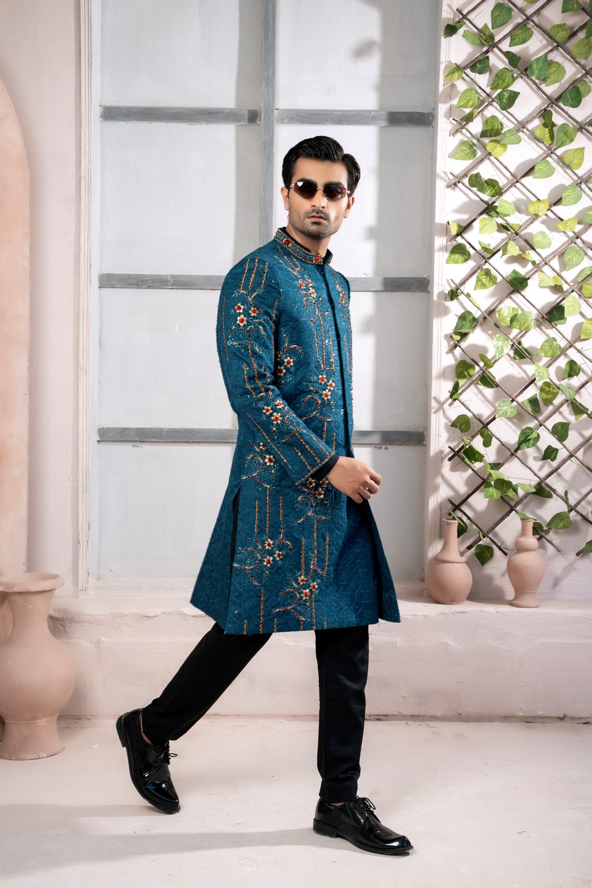 Teal Blue Hand Work Sherwani