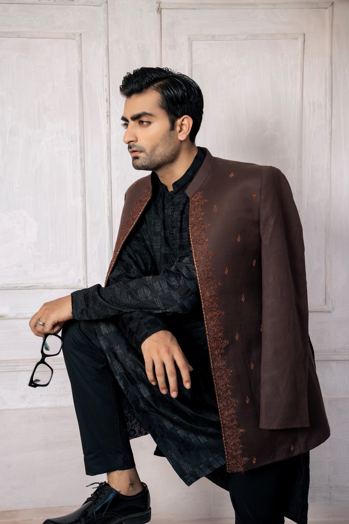 Brown Hand Work Long Prince Coat