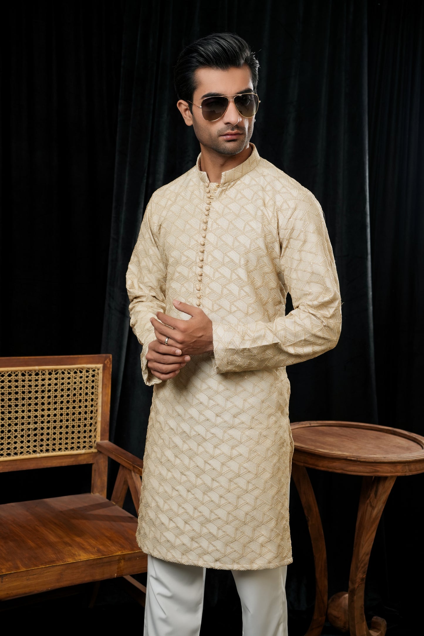 MULTI LINES GOLDEN EMBROIDERED KURTA TROUSER