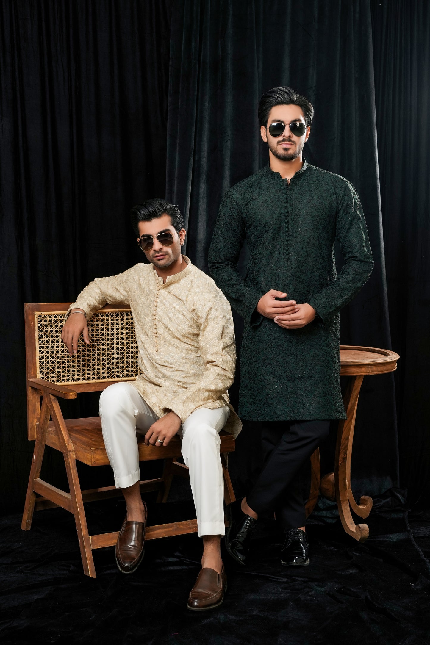 BOTTLE GREEN EMBROIDERED KURTA TROUSER