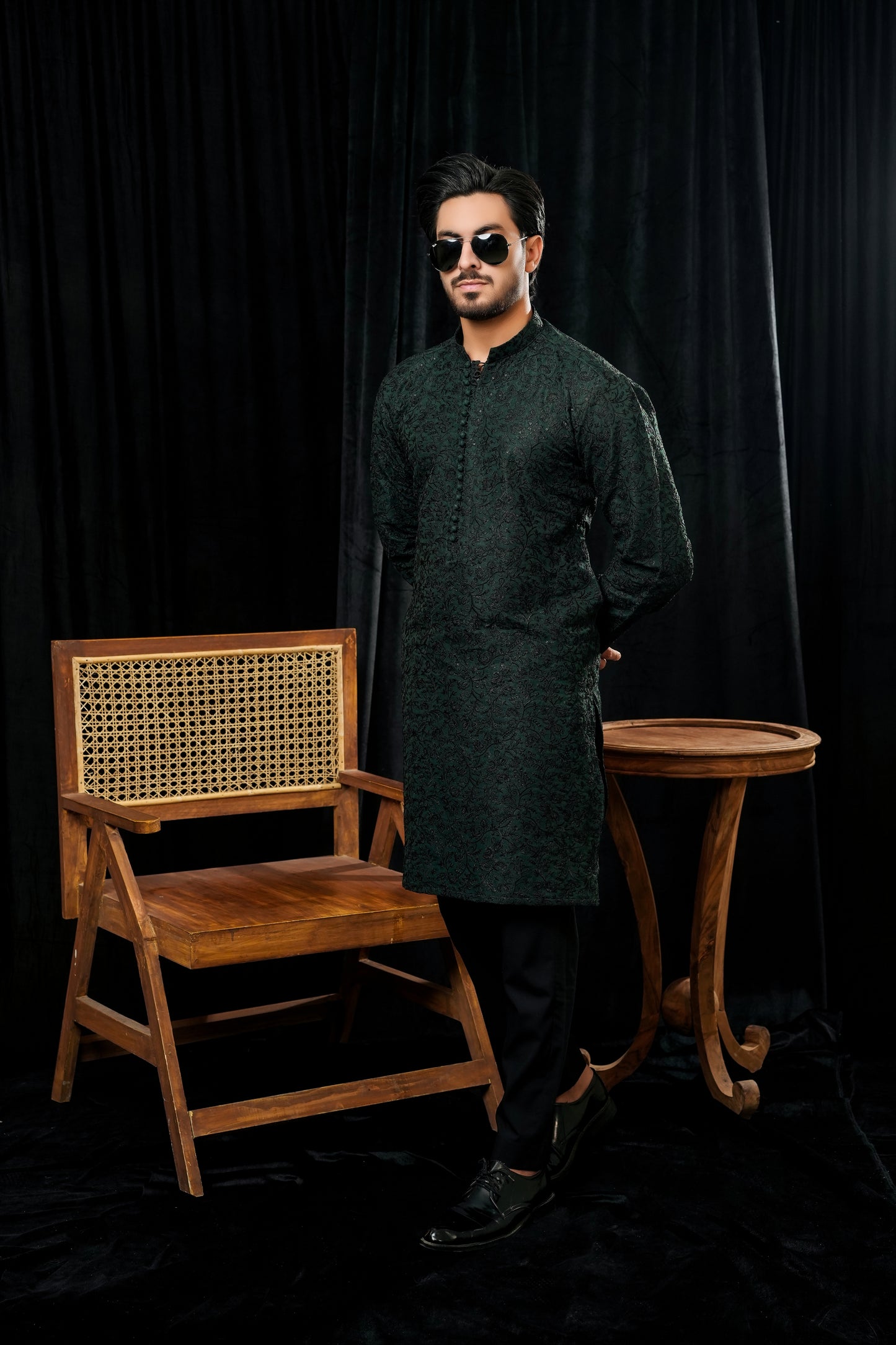 BOTTLE GREEN EMBROIDERED KURTA TROUSER