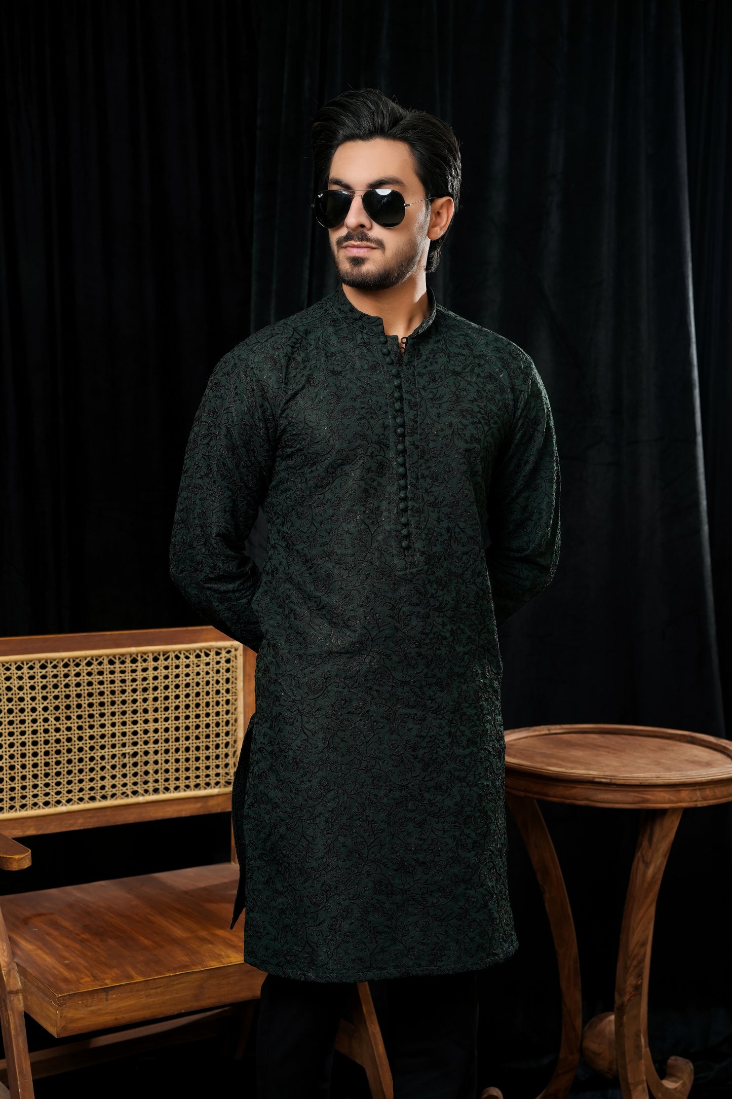 BOTTLE GREEN EMBROIDERED KURTA TROUSER