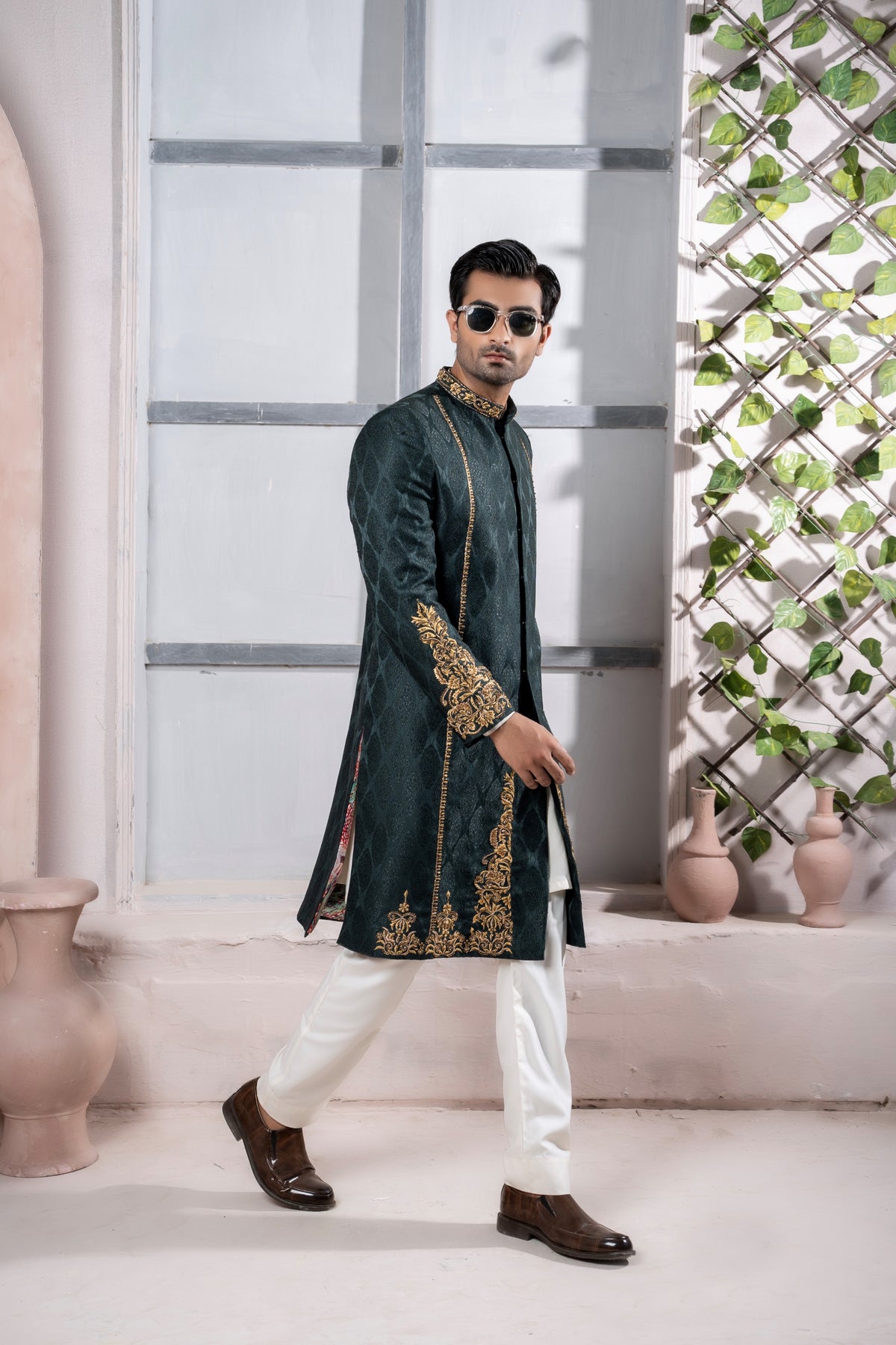Green Jacquard Sherwani