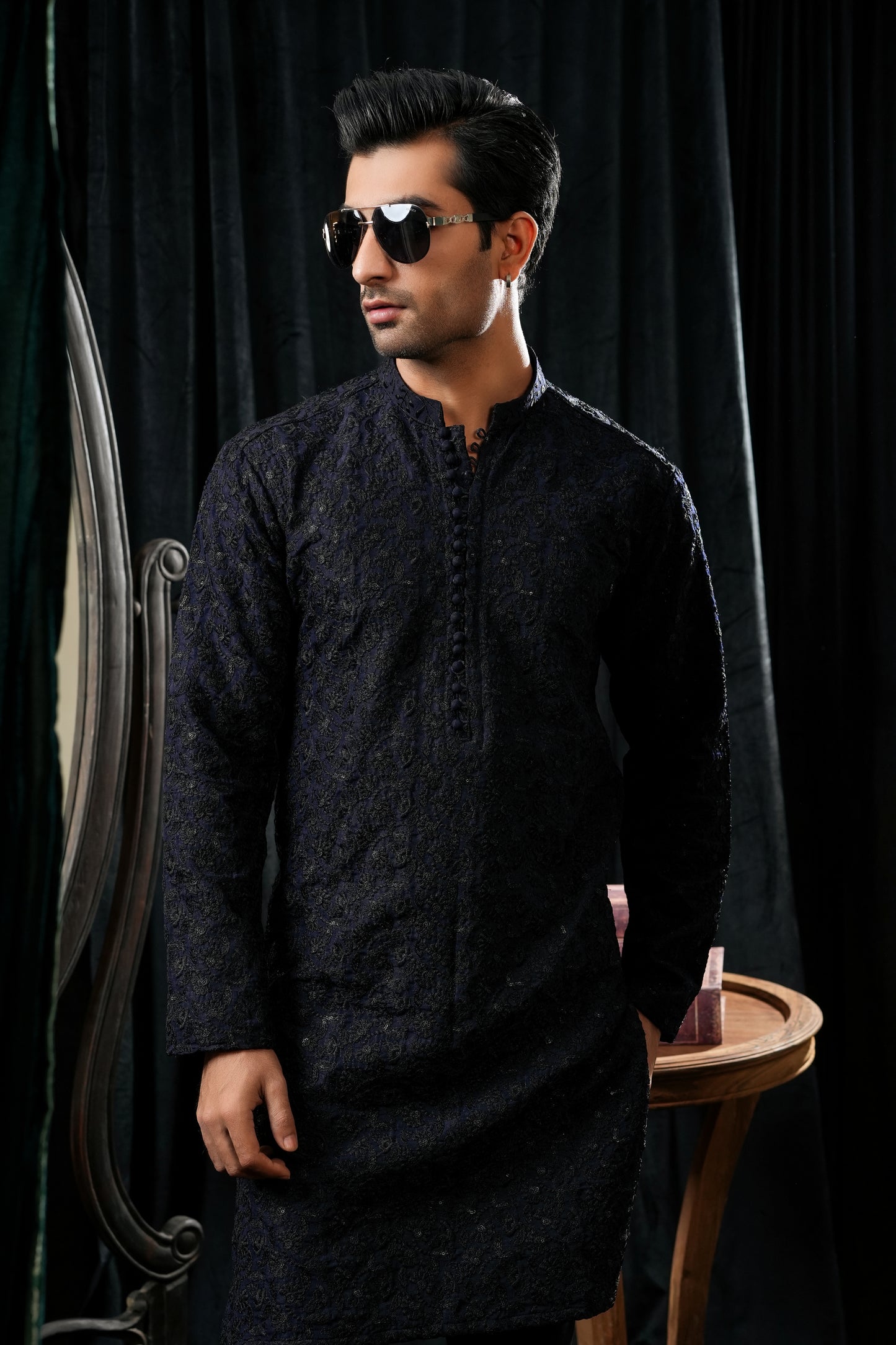 NAVY BLUE SEQUIN EMBROIDERED KURTA TROUSER