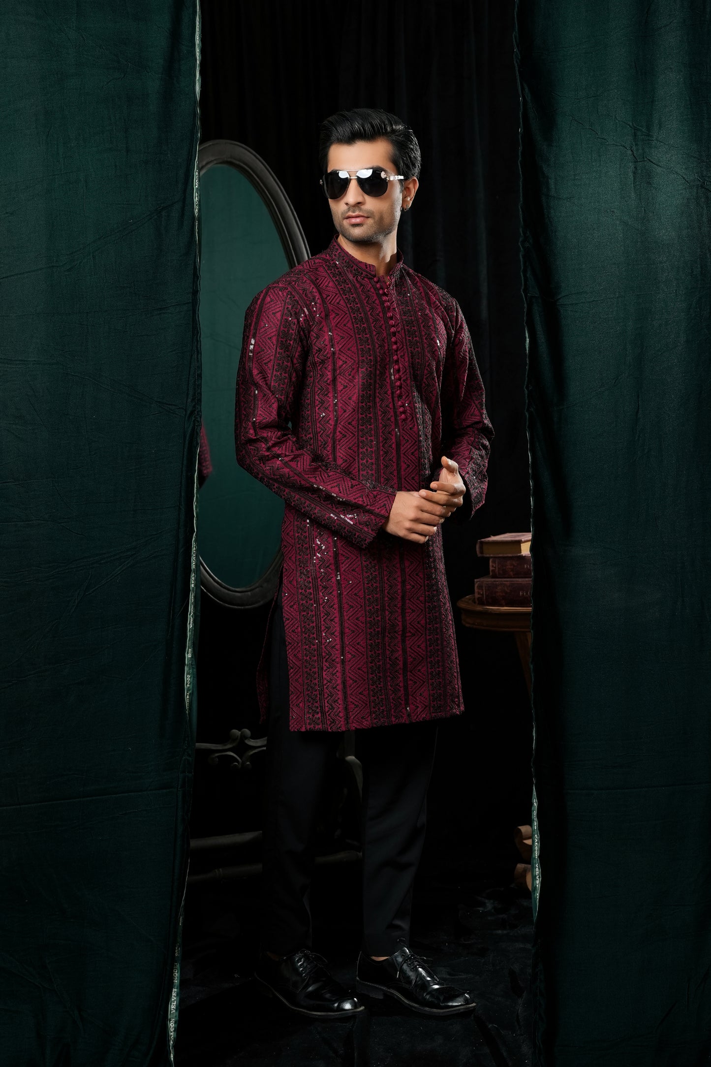 RED & BLACK EMBROIDERED KURTA TROUSER