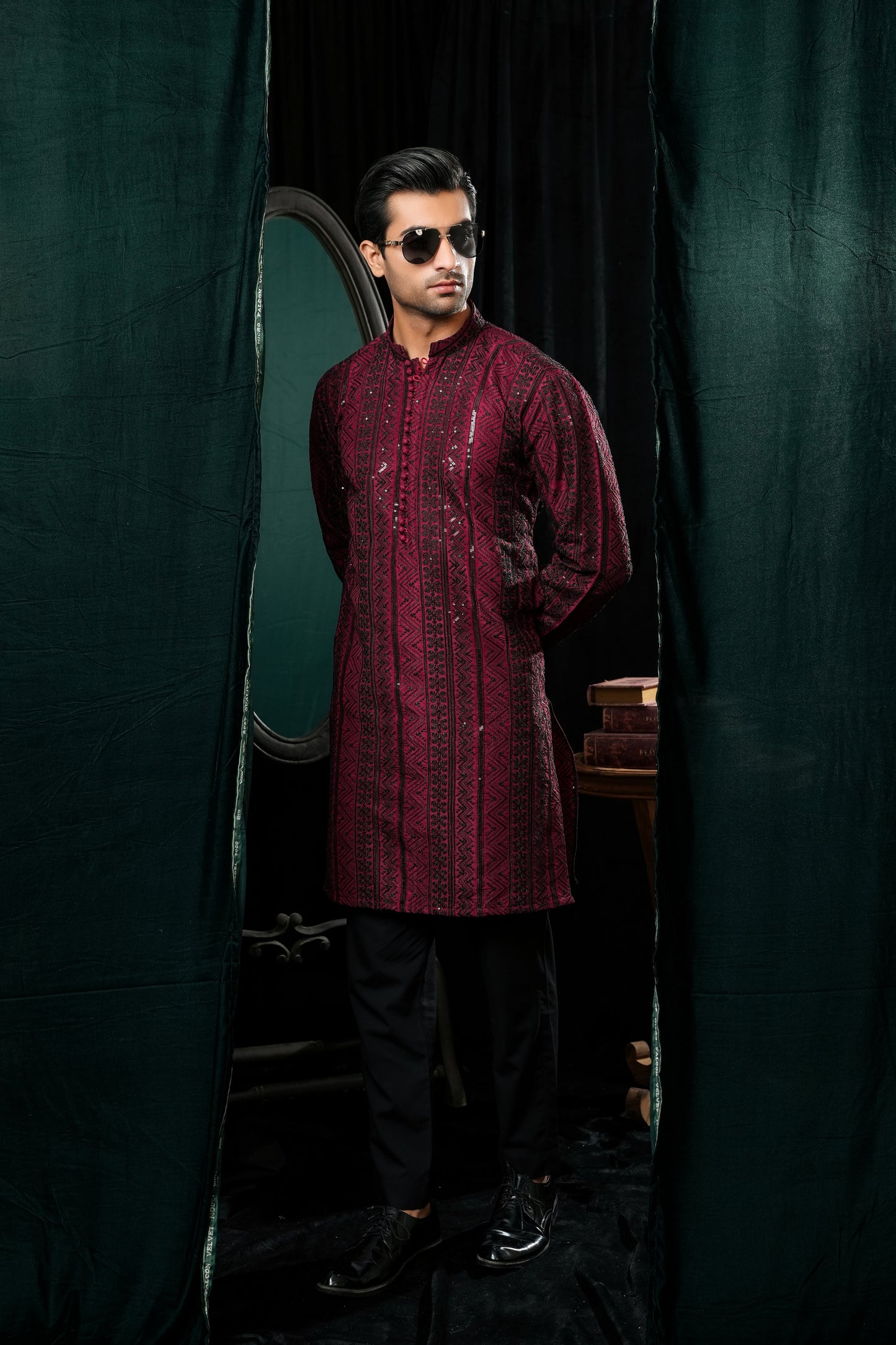RED & BLACK EMBROIDERED KURTA TROUSER