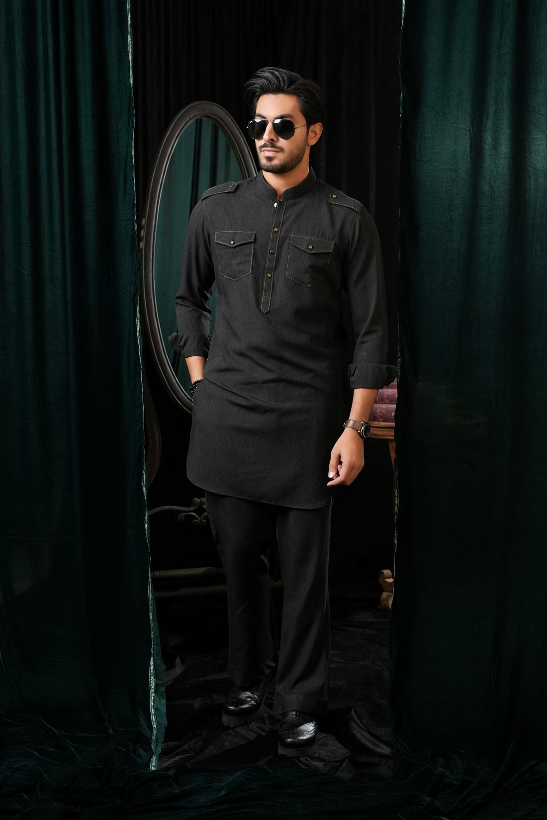 BLACK DOUBLE POCKET KURTA TROUSER
