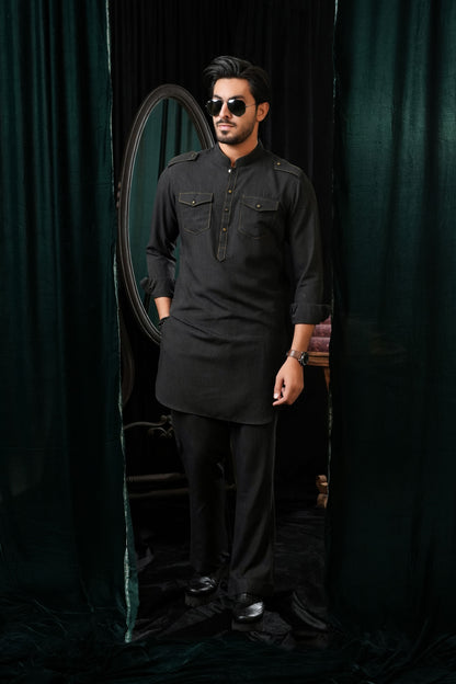 BLACK DOUBLE POCKET KURTA TROUSER