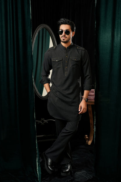 BLACK DOUBLE POCKET KURTA TROUSER