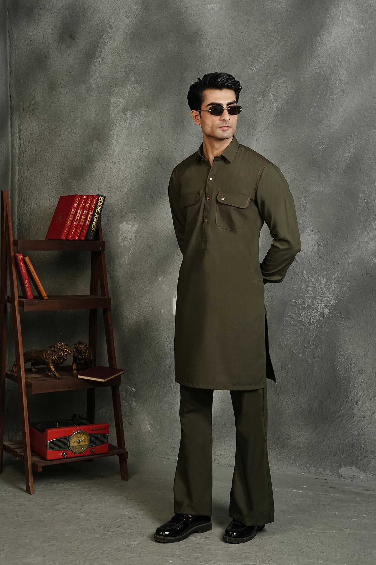 DOUBLE POCKET OLIVE KURTA TROUSER