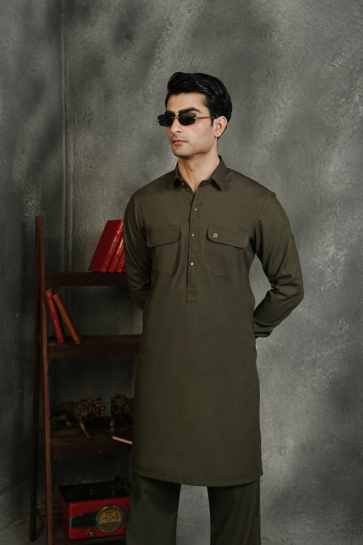 DOUBLE POCKET OLIVE KURTA TROUSER