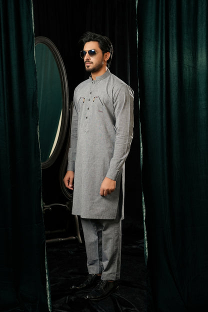GREY COTTON DOUBLE POCKET KURTA TROUSER