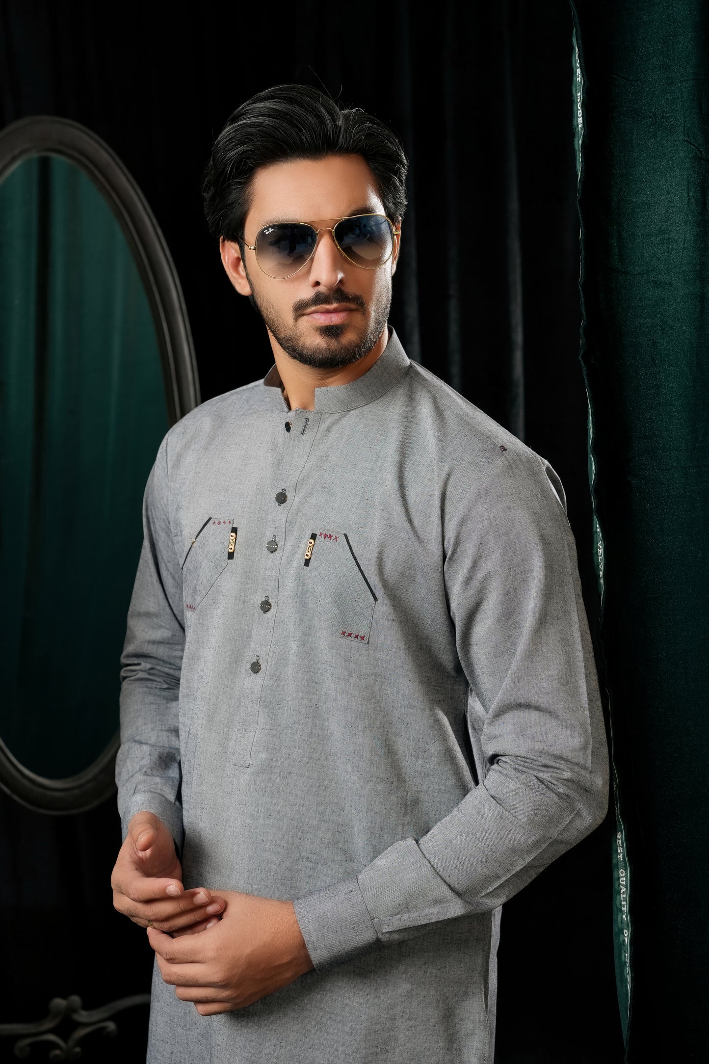 GREY COTTON DOUBLE POCKET KURTA TROUSER