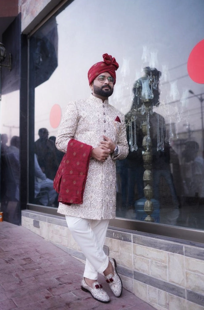 Cream Machine Embroidered Sherwani