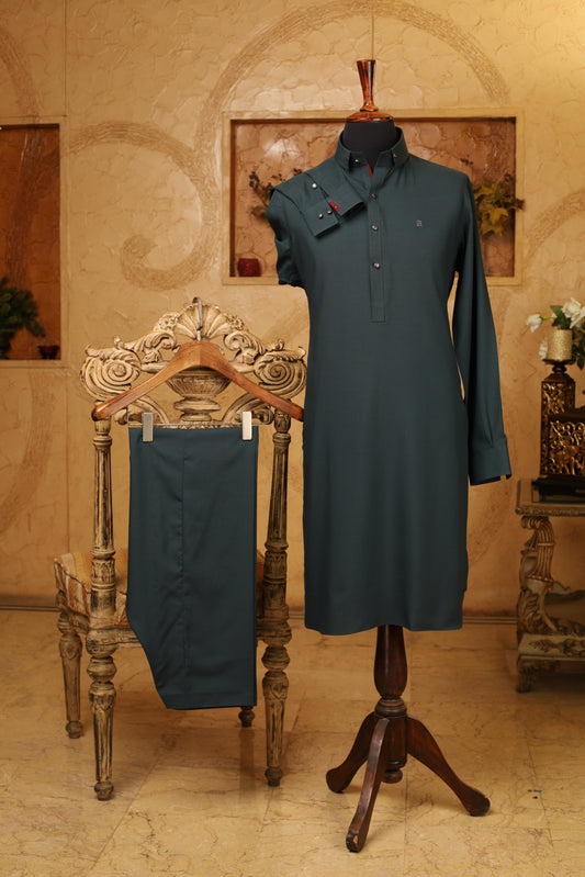 Teal Green Cut Collar Shalwar Kameez