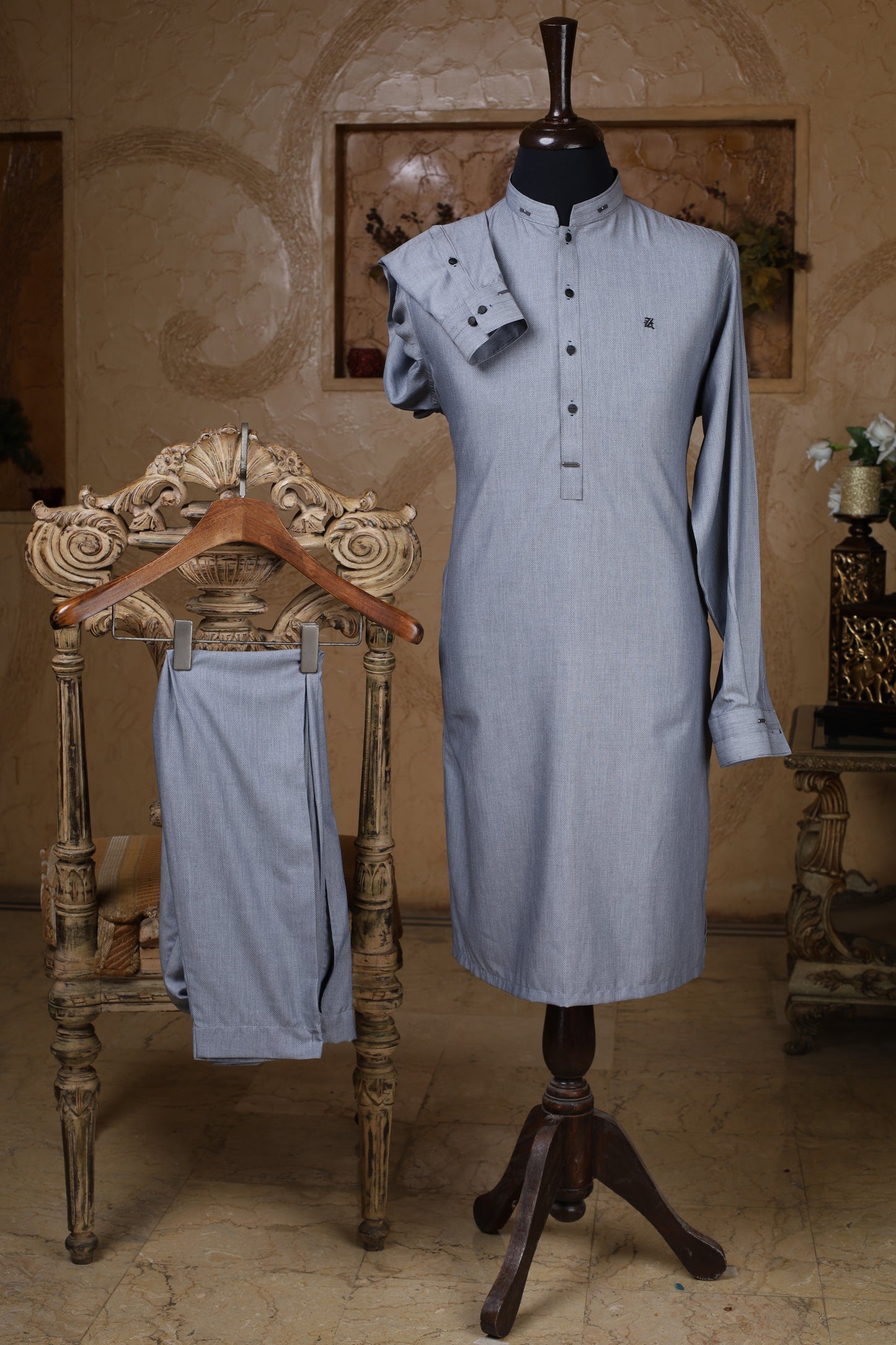 Grey Dobby Textured Kurta Trouser