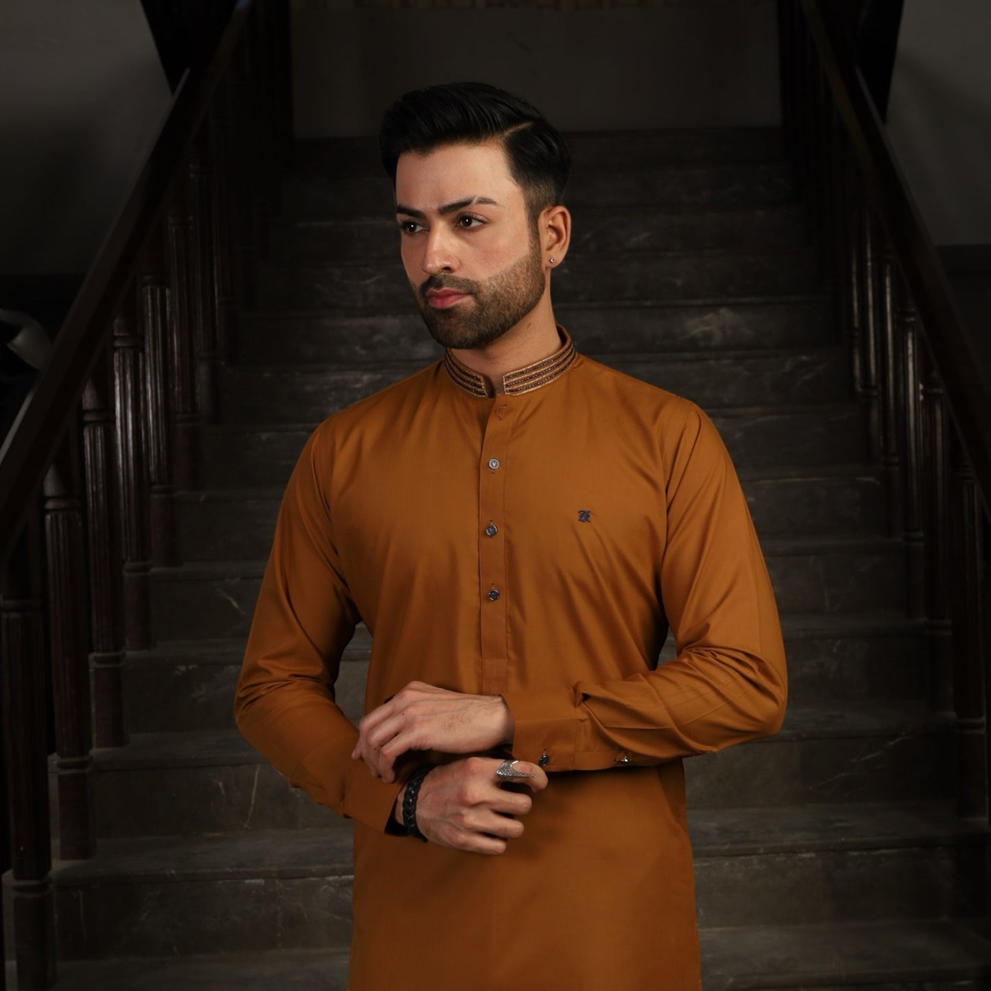 Mustard with Kat Dana Band Collar Kurta Trouser