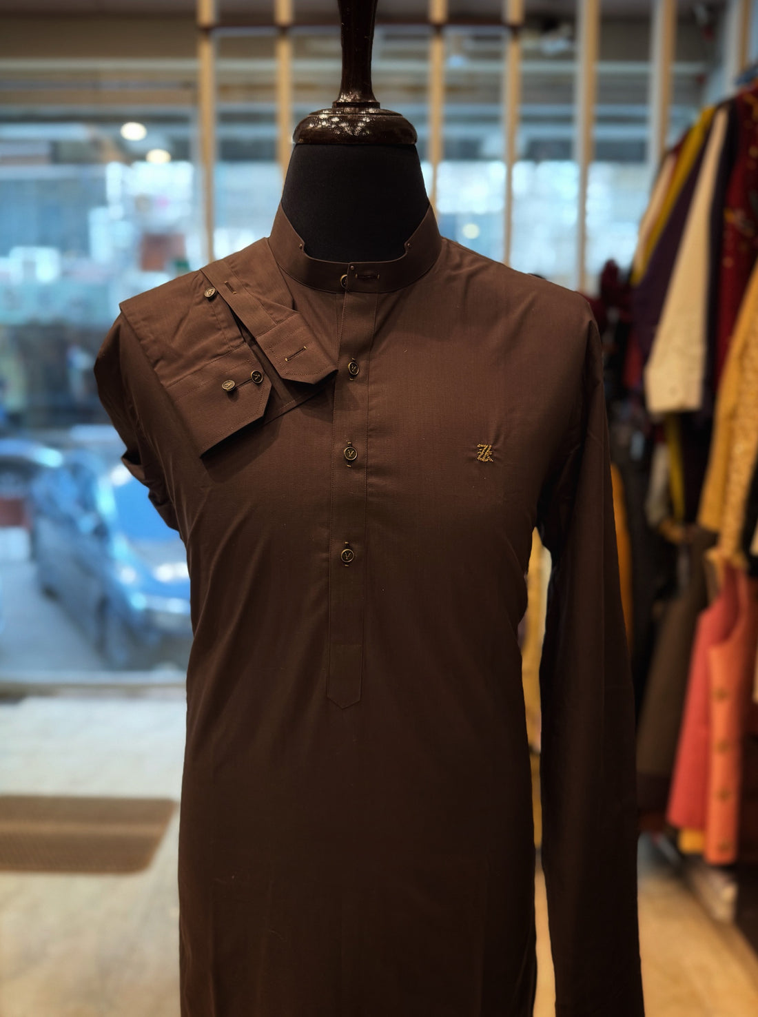 Dark Brown Cut Mandarin Kurta Trouser
