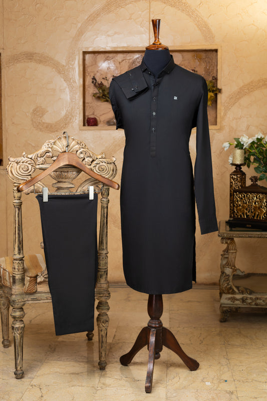 Black Cut Way Pinned Collar Kurta Trouser