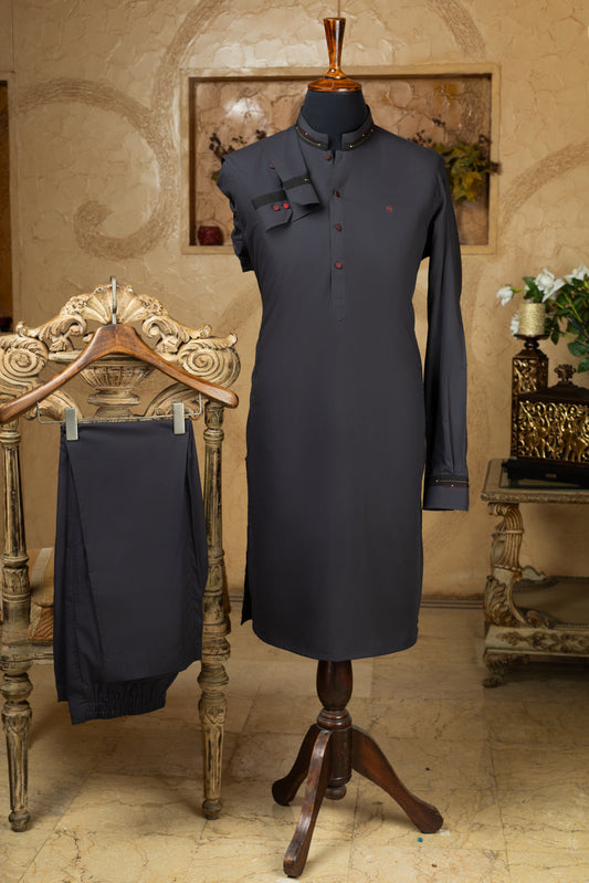 Charcoal Grey Mandarin Collar Kurta Trouser