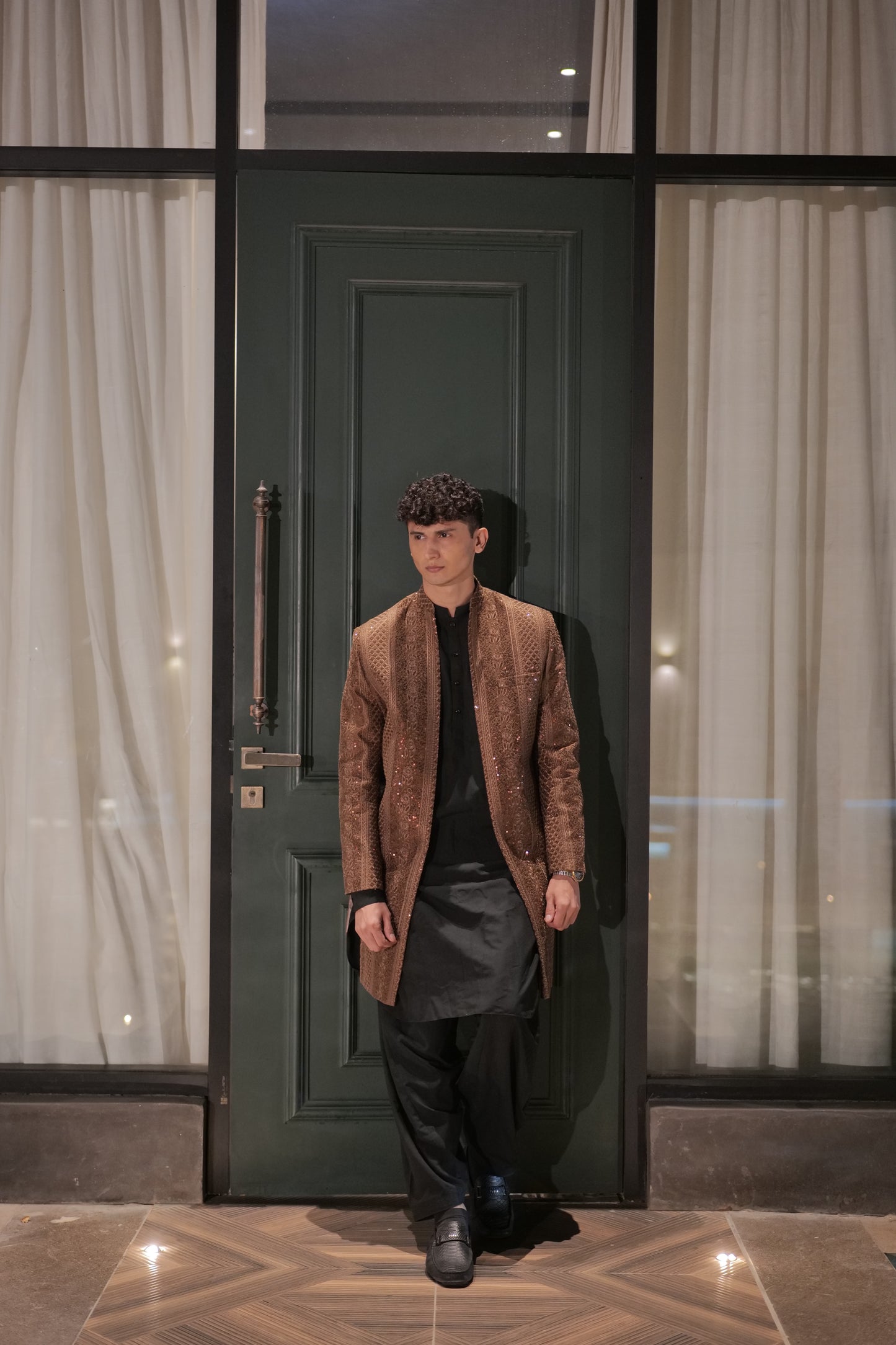 Brown Front Open Sequin Sherwani
