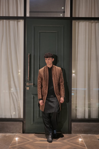 Brown Front Open Sequin Sherwani