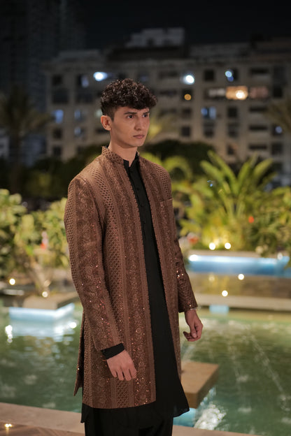 Brown Front Open Sequin Sherwani