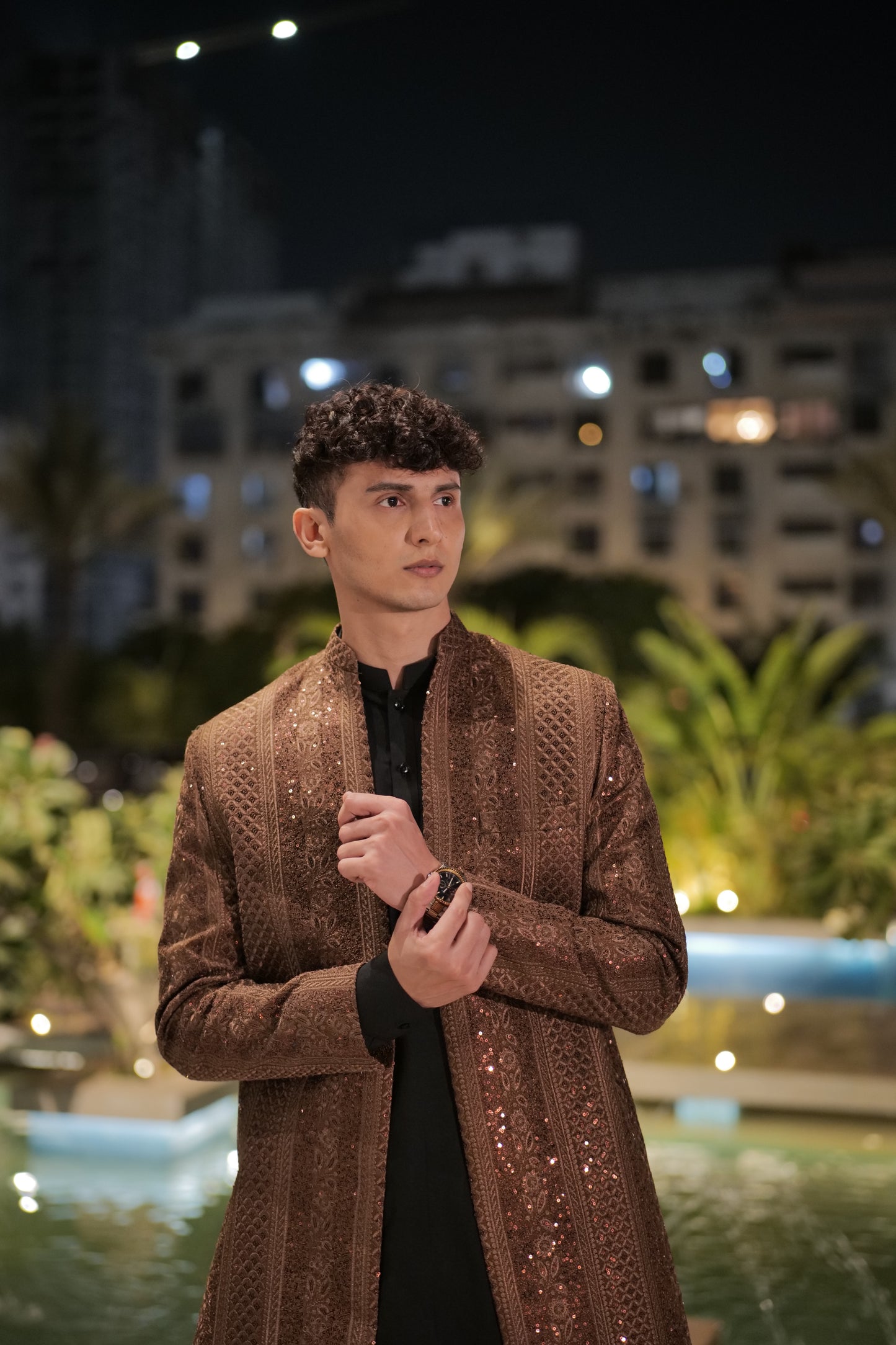 Brown Front Open Sequin Sherwani